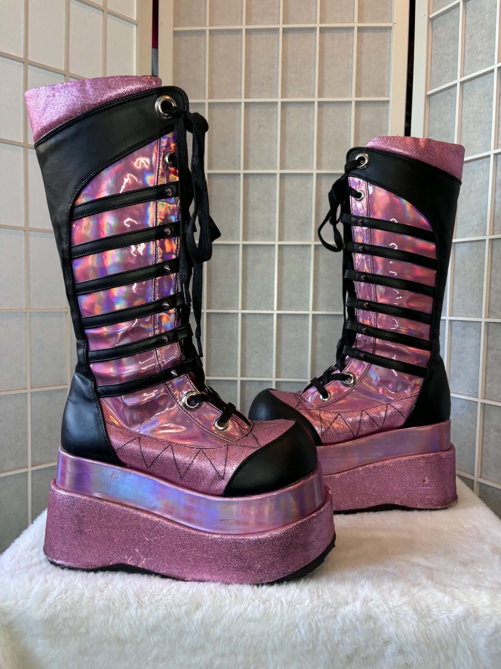 Demonia Pink Holographic & Black Lace-Up Platform Boots
